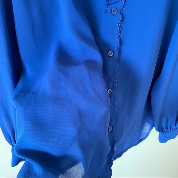 Vintage Navy Dark Blue Blouse with Leaf Embroidery Button up - Picture 5 of 10